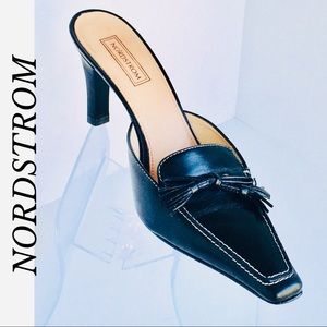 BLACK LEATHER MULES EMBELLISHED TASSELS PONTED TOE